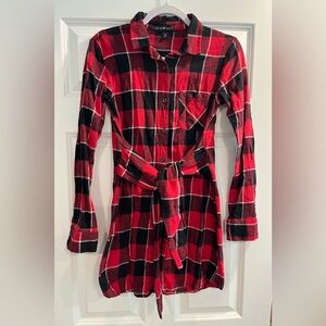 Red and Black Plaid Shirt Dress with sewn in belt
